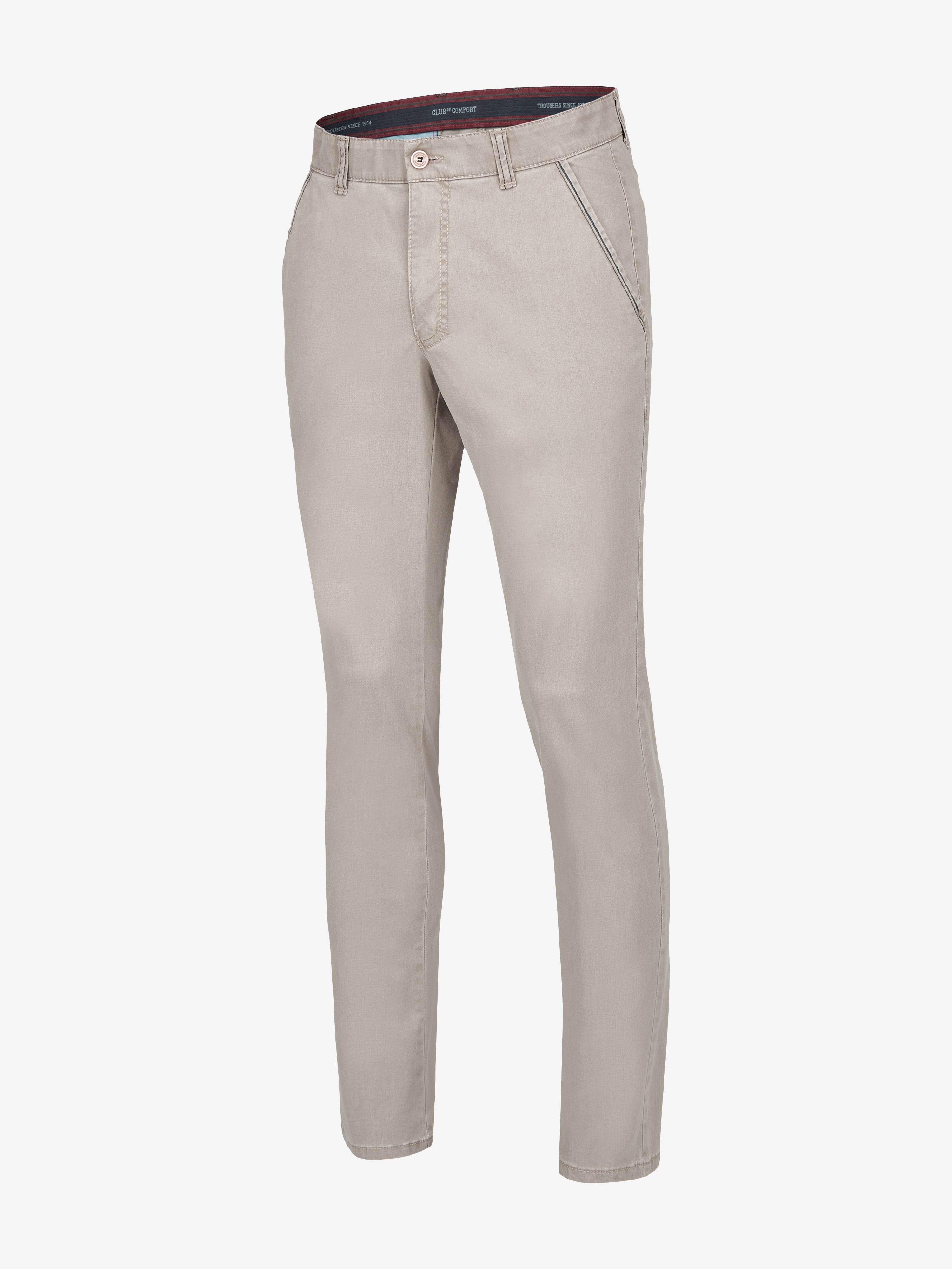 Graue-beige Flat Front-Hose von Club of Comfort mit elastischem Komfortbund, Hemdenstopper, sportiven Kontrastdetails an Seiten- und Gesäßtaschen, aus Baumwoll-Broken-Twill mit High Stretch, sommerlicher Fade-Out-Färbung, normale Leibhöhe, schmalere Fußweite, für Frühjahr/Sommer, Regular Fit, Made in Green by Oeko-Tex.