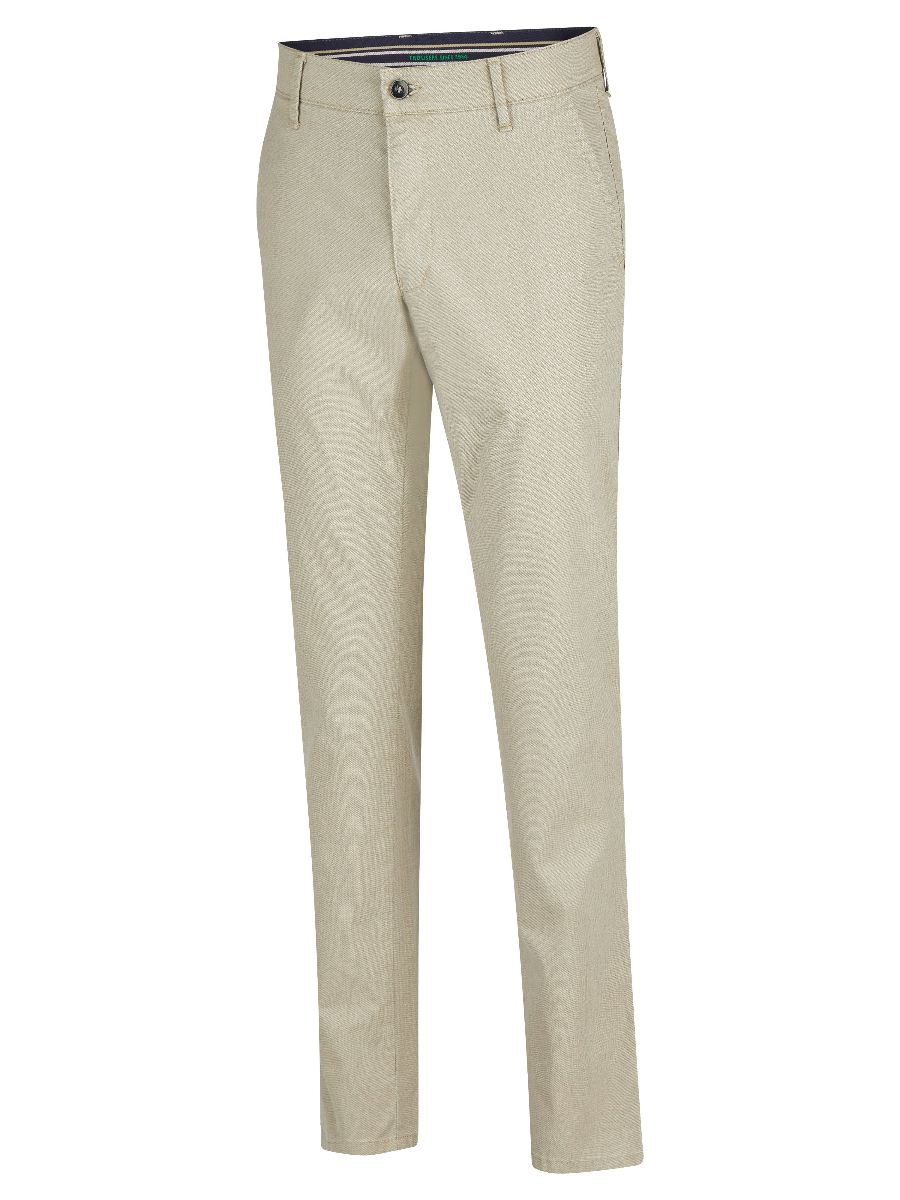 Beige Flat Front-Hose GARVEY 8108 aus High Stretch Baumwolle, elastischer Komfortbund, schmaler Beinverlauf, normale Leibhöhe, made in Green by Oeko-Tex, geeignet für Frühjahr/Sommer, Regular Fit, Hemdstopper, leichte Baumwoll-Mikrostruktur, Damen- oder Herrenhose.