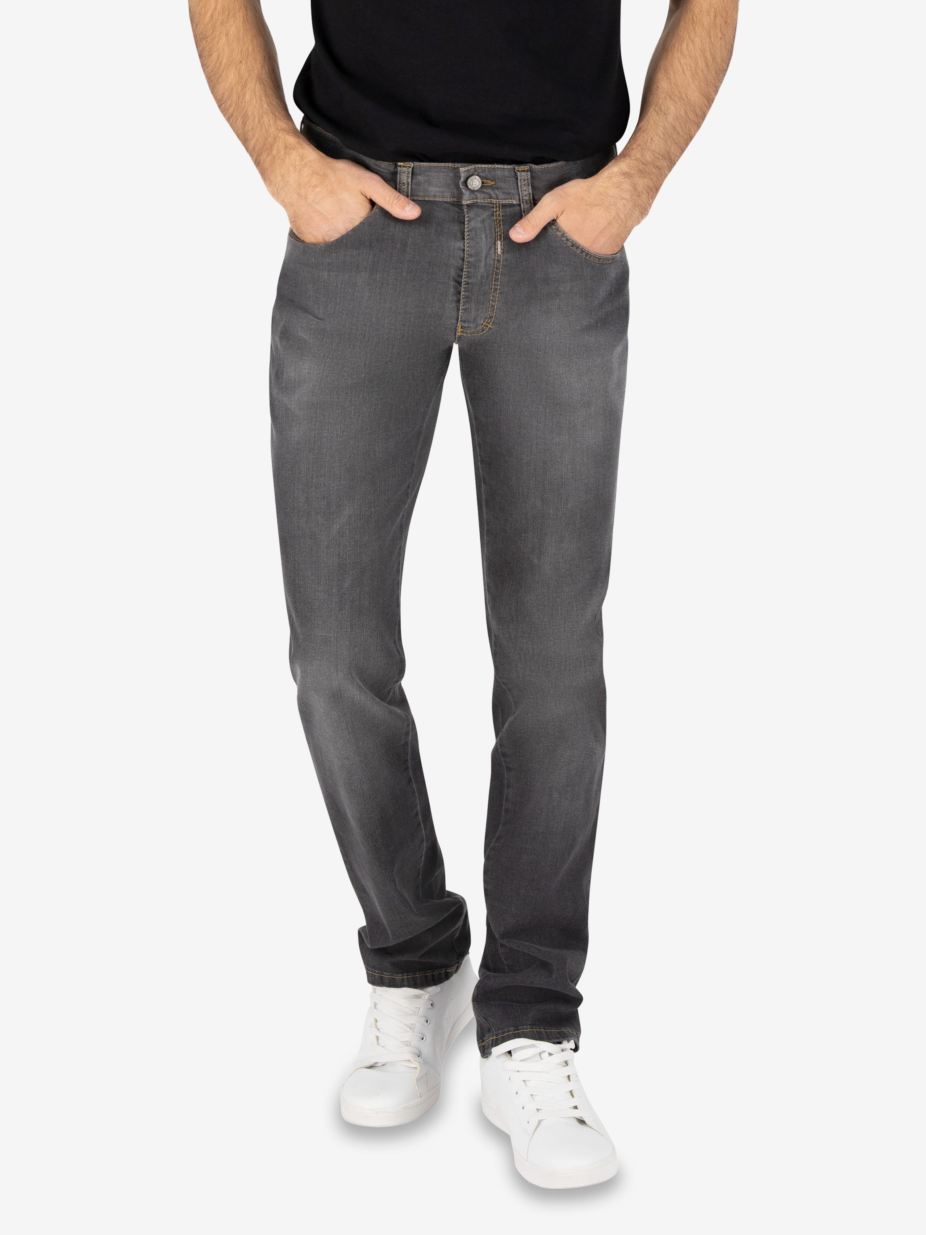 Herrenhose HENRY 6516 in washed Grau, 5-Pocket Jeans mit elastischem Doppelstoffbund, Mobile Pocket, sportlicher Kontrast-Patch, hoch elastischer Super High Stretch-Denim, regular fit, normale Leibhöhe, schlankes Bein, made in Green by Oeko-Tex, geeignet für Ganzjahres, von Club of Comfort.