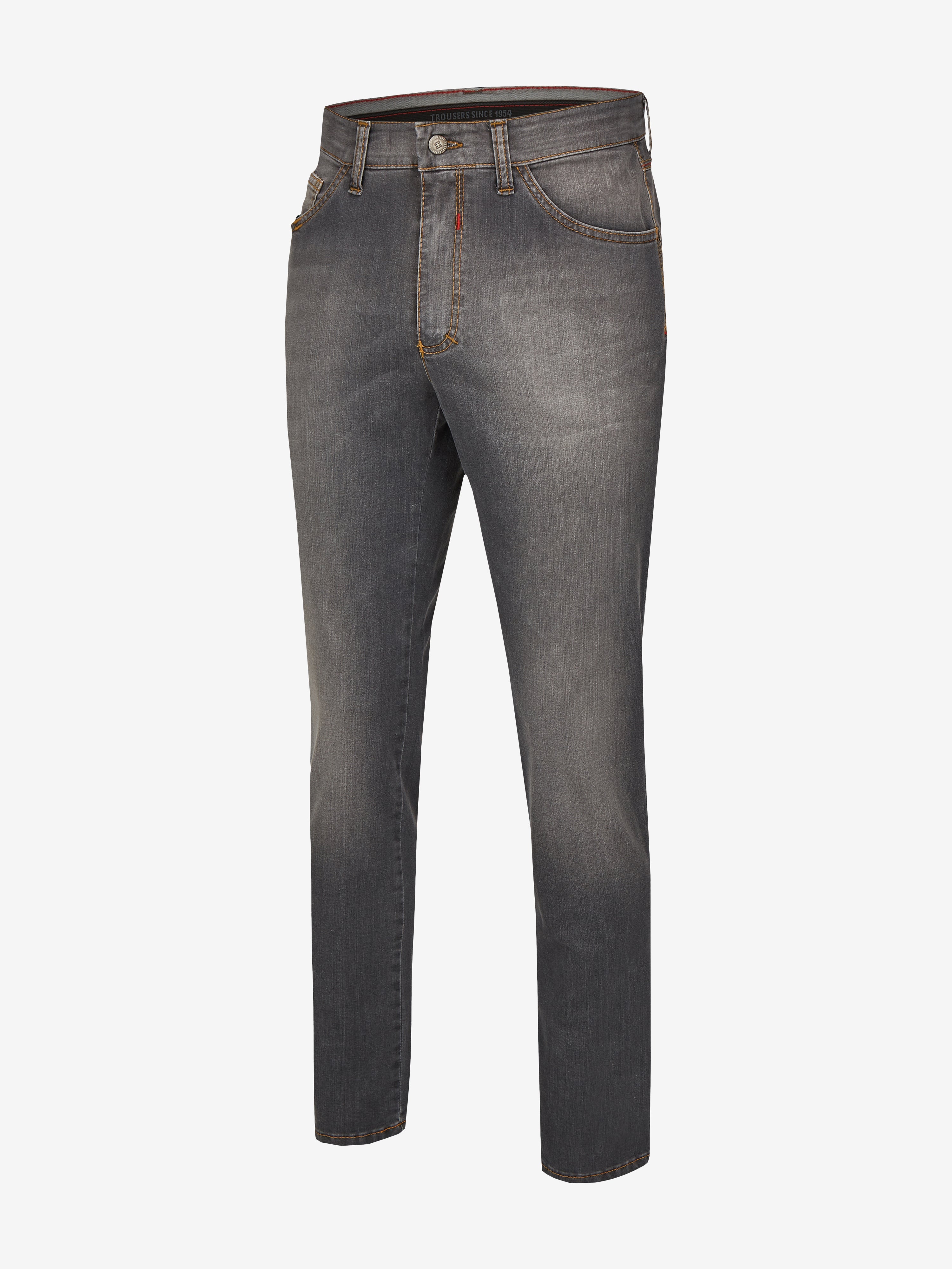 Graue, waschene 6-Pocket Jeanshose mit elastischem Doppelstoffbund, Hemdstopper und separater Mobile Pocket in der rechten Vordertasche. Leichte, hoch elastische Super High Stretch-Denim, strapazierfähig, regular Fit, hergestellt von Club of Comfort, ideal für ganzjährige Nutzung.