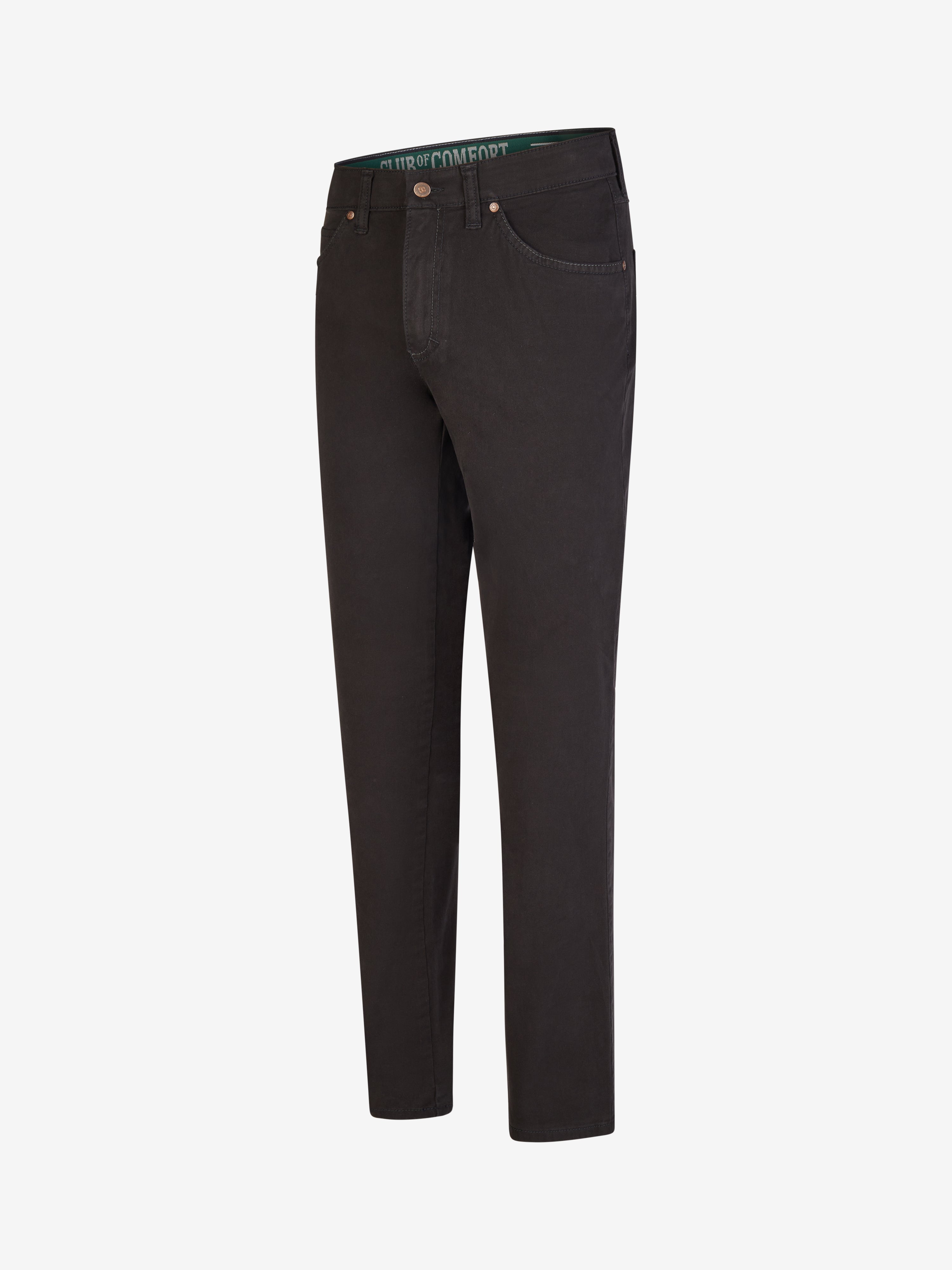 Schwarze HENRY 8070 Baumwollhose von Club of Comfort mit 6-Pocket, elastischem Doppelstoffbund, Hemdstopper und Mobile Pocket in rechter Vordertasche. Bequemer Regular Fit, ca. 405 g/lfm, mit 360° Stretch, Made in Green by Oeko-Tex, ideal für alle Jahreszeiten.