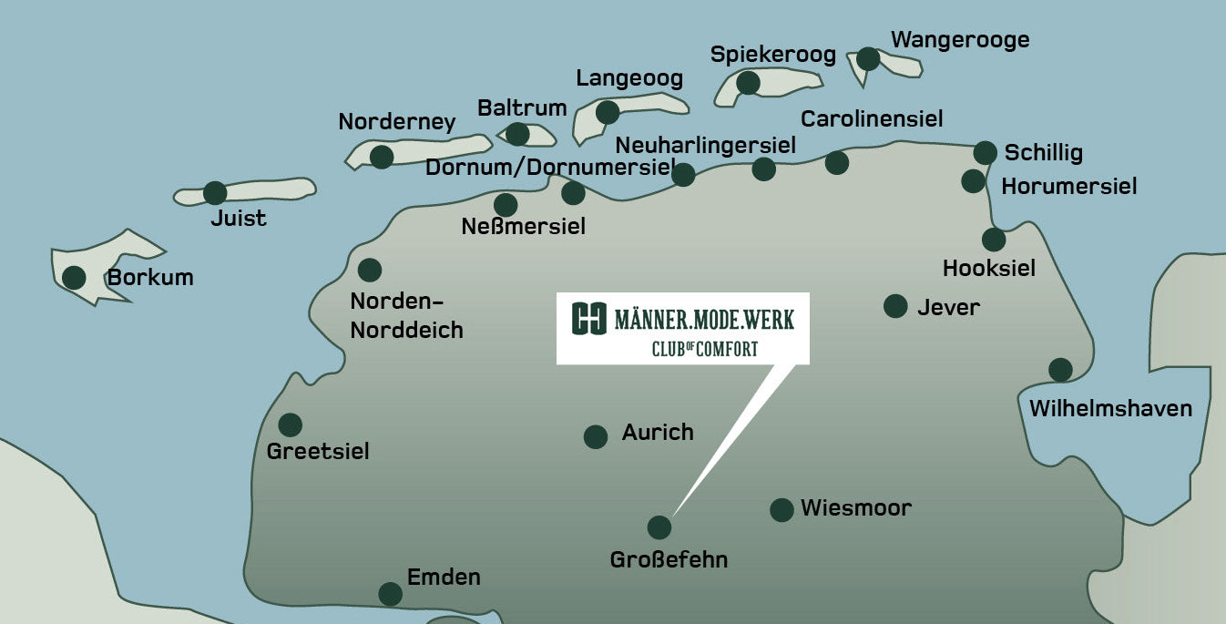 Übersichtskarte der Insel Sylt mit Ortschaften und geografischen Markierungen. Die Karte zeigt die wichtigsten Orte wie Borkum, Juist, Norddeich, Westerland, Kampen, Wenningstedt, Rantum, Keitum, Archsum, sowie Wiesenmoor, Großföhren und Emden. Im Zentrum ist das Logo "männer.mode.werk CLUB COMFORT" platziert.