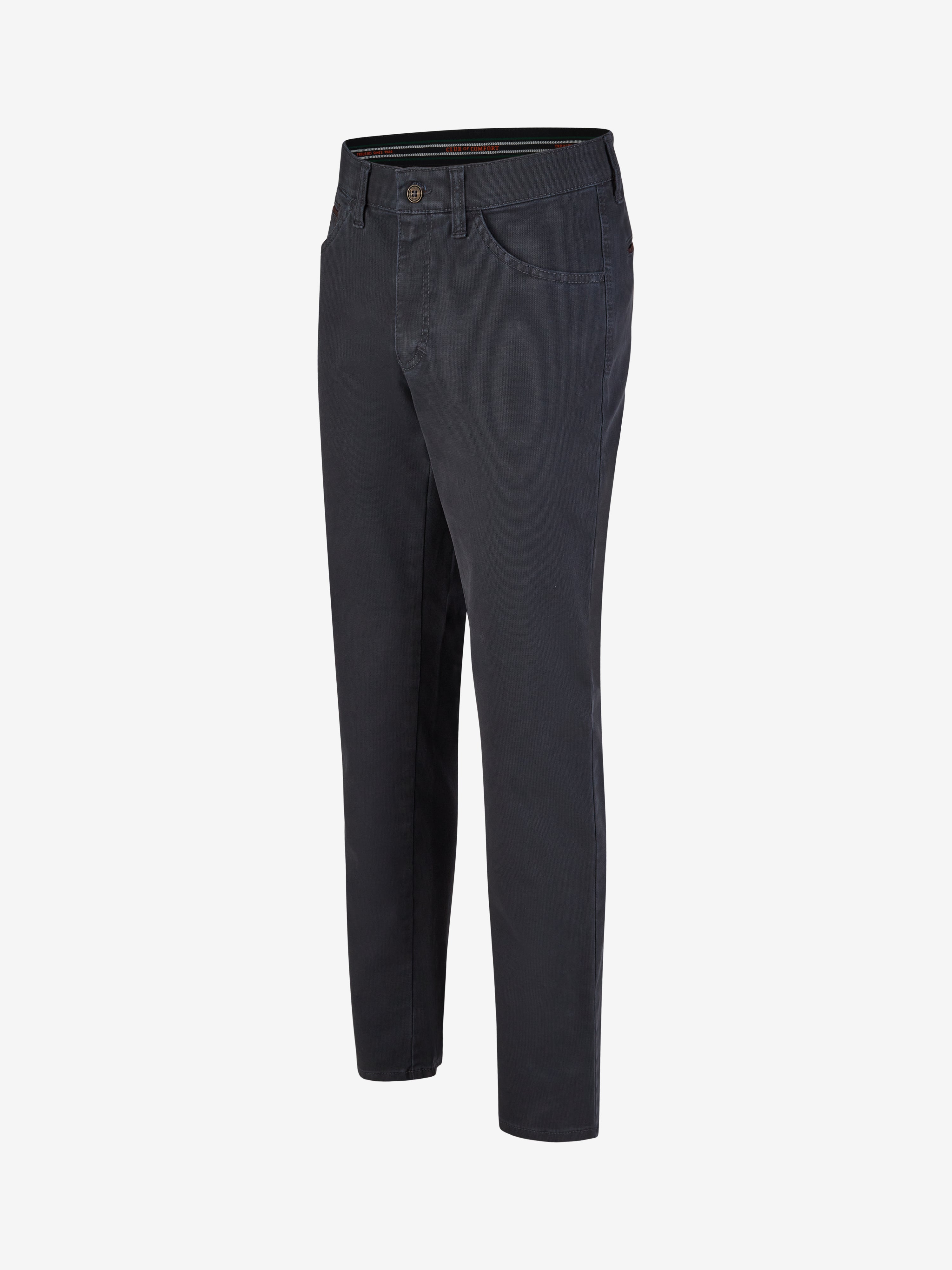 Blaue MARVIN 7218 Hose von Club of Comfort mit regularer Passform, elastischem Comfortbund, Hemdenstopper und Swing-Pocket, hergestellt aus Micro-gesponnener Pima-Baumwolle mit High Stretch, modifizierte 5-Pocket-Design, geeignet für Herbst/Winter, made in Green by Oeko-Tex.