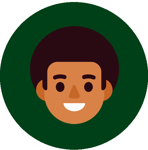 Illustration eines lächelnden jungen Mannes mit dunkler Hautfarbe, kurzen schwarzen Haaren und braunen Augen vor grünem Hintergrund.