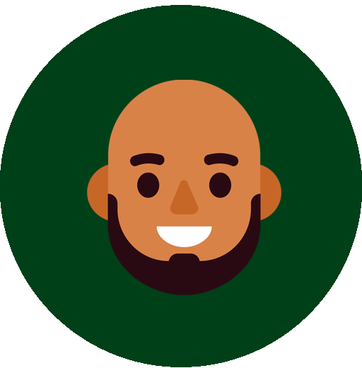 Illustration eines lächelnden männlichen Emojis mit dunklem Bart, runden schwarzen Augen, brauner Hautfarbe, ohne Haare, vor dunkelgrünem Hintergrund.