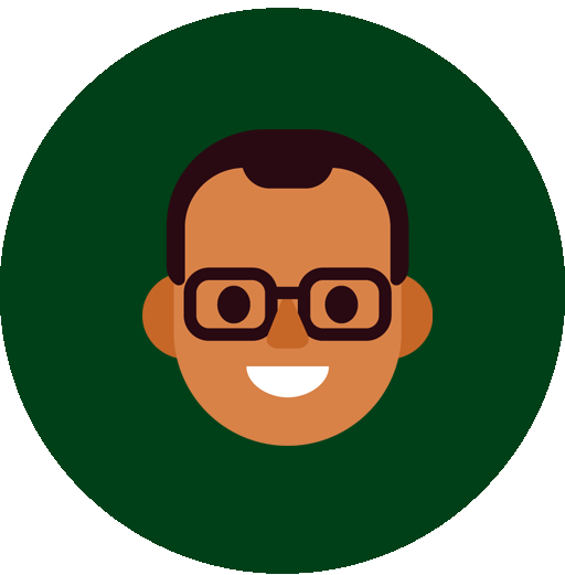 Digitales Avatar eines lächelnden Mannes mit braunen Haut, kurzer dunkler Haarfarbe, schwarzen Brillengläsern und weißen Zähnen, vor einem grünen Hintergrund.