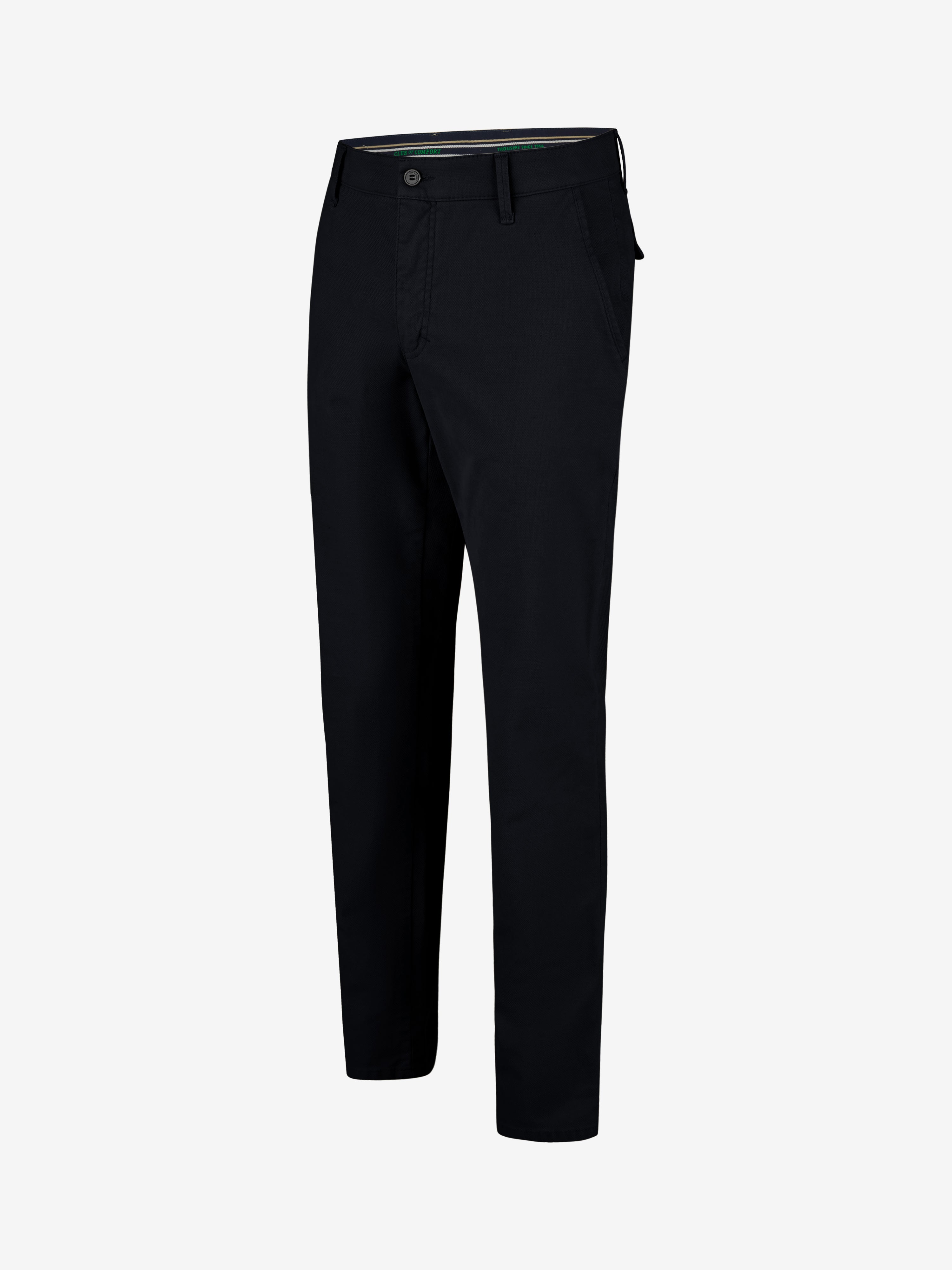 Marineblaue Chino-Hose ROB 8003 im Tapered Fit, aus High Stretch Baumwolle mit elastischem Comfortbund, Hemdenstopper und normaler Leibhöhe. Perfekt für Herbst/Winter, hergestellt von Club of Comfort, mit schmalem Beinverlauf, bequem und vielseitig.