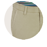 Ein beige Stoffgürtel mit einer Schnalle, sichtbar an einem braunen Kleidungsstück, das Teil einer Hose ist.