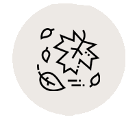 Icon eines zerbrochenen Glases mit zersplitternden Linien, umgeben von sieben fallenden Blättern in einem schlichten, schwarzen Linienstil auf hellem Hintergrund.