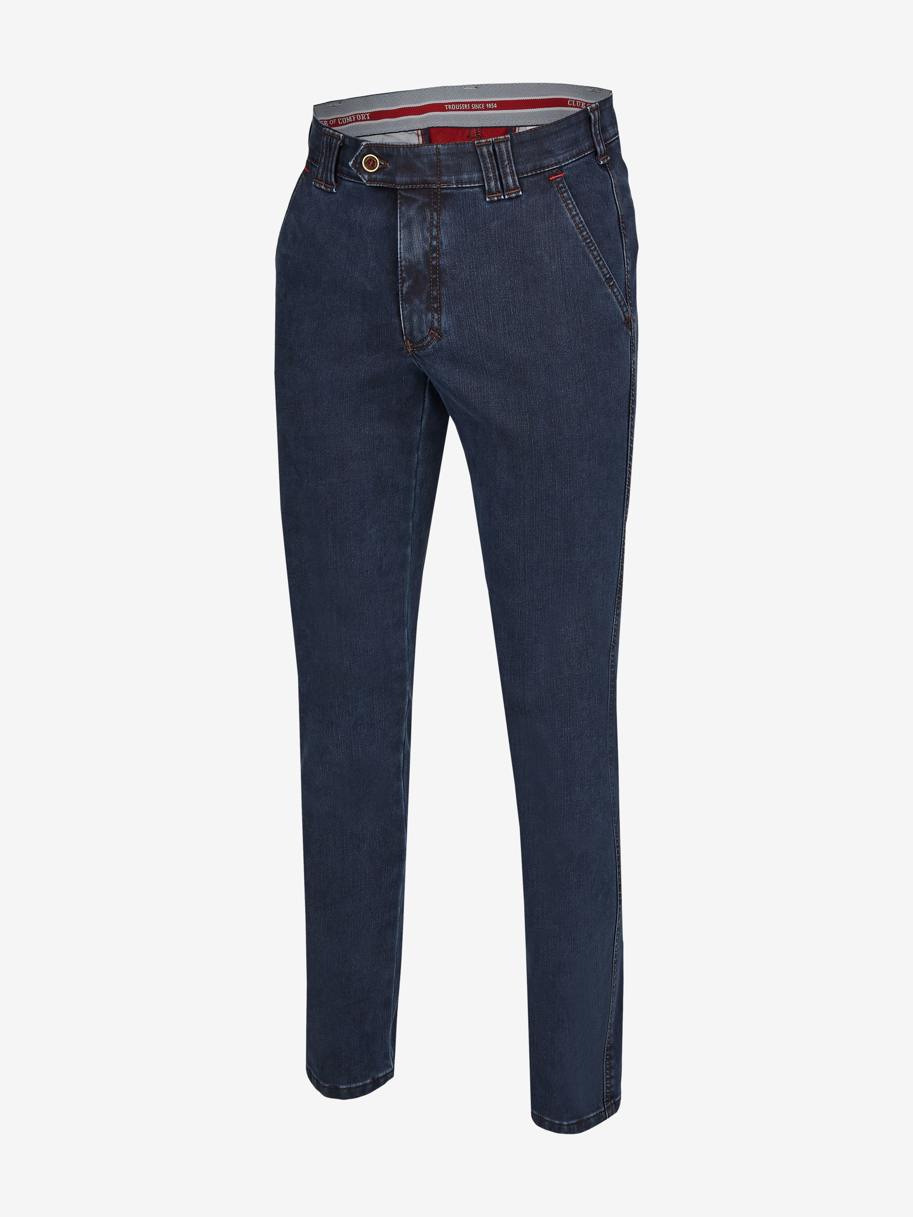 Dunkelblaue GARVEY 6822 Flat Front-Hose aus High-Stretch-Denim mit Thermolite-Wärmeisolierung, elastischem Komfortbund, Hemdstopper, Bundverlängerung mit Knopf und Haken, normaler Leibhöhe, schmaler Fußweite, Regular Fit, für Herbst/Winter, hergestellt von Club of Comfort.