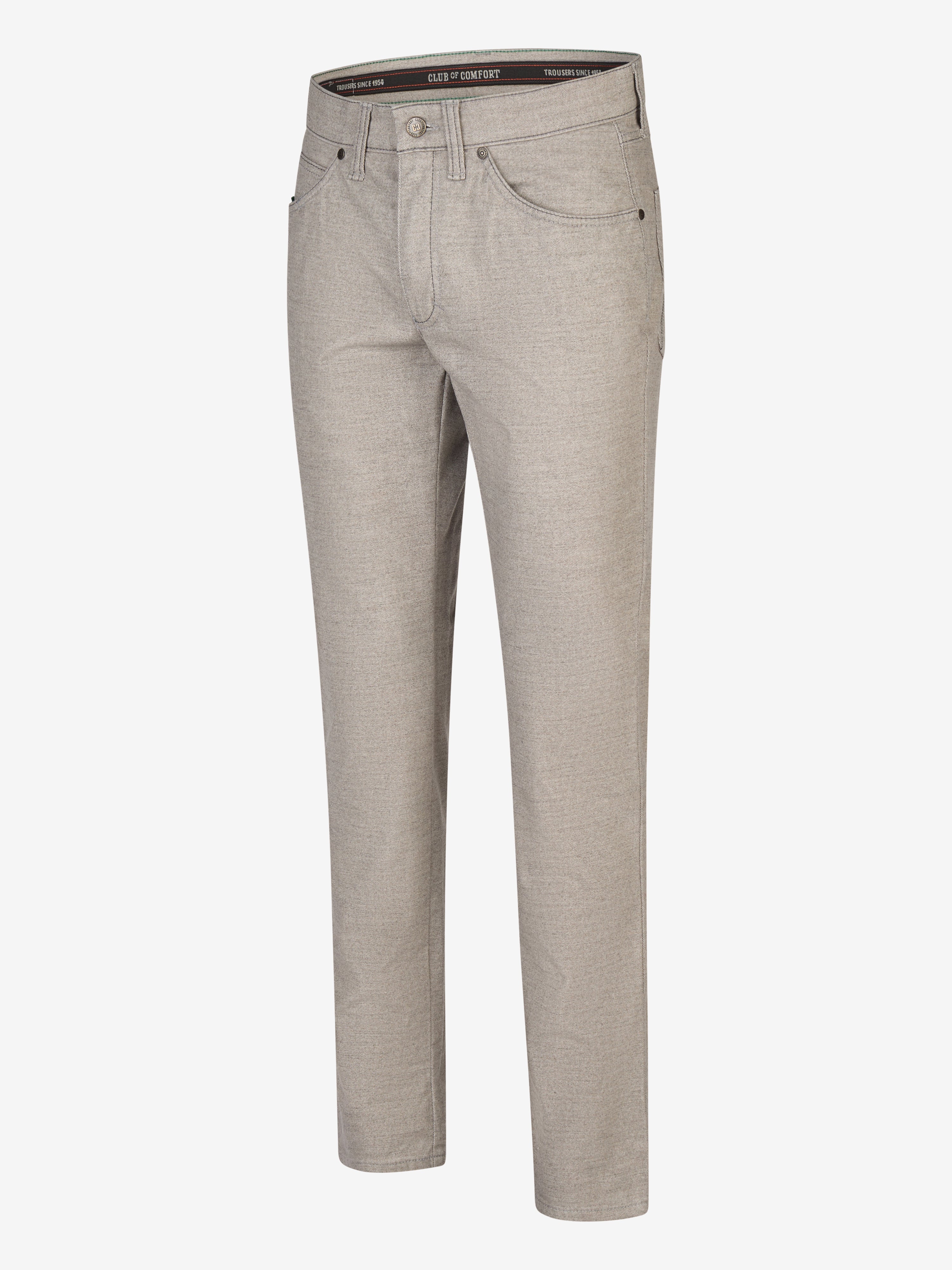 Helle graue 6-Pocket-Hose "Henry 7631" von Club of Comfort mit elastischem Doppelstoffbund, Hemdstopper, separater Mobile Pocket in der rechten Vordertasche, Kontrast-Münztasche, Baumwoll-Mischgewebe mit Woll-Optik, regular fit, schlank geschnitten, für Herbst/Winter.