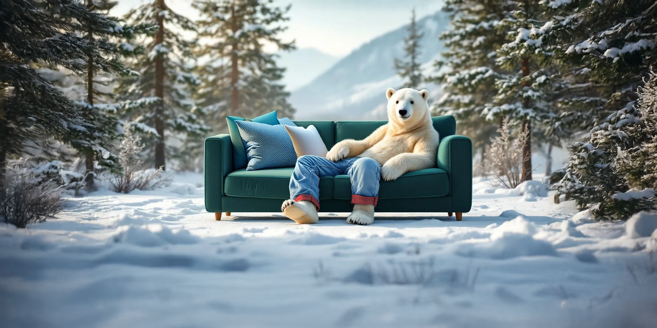 Ein gemütliches Sofa mit blauen Kissen steht inmitten einer verschneiten Winterlandschaft mit Tannenbäumen und Bergen im Hintergrund. Auf dem Sofa sitzt ein großer, weißer Teddybär in blauen Jeans und roten Turnschuhen.