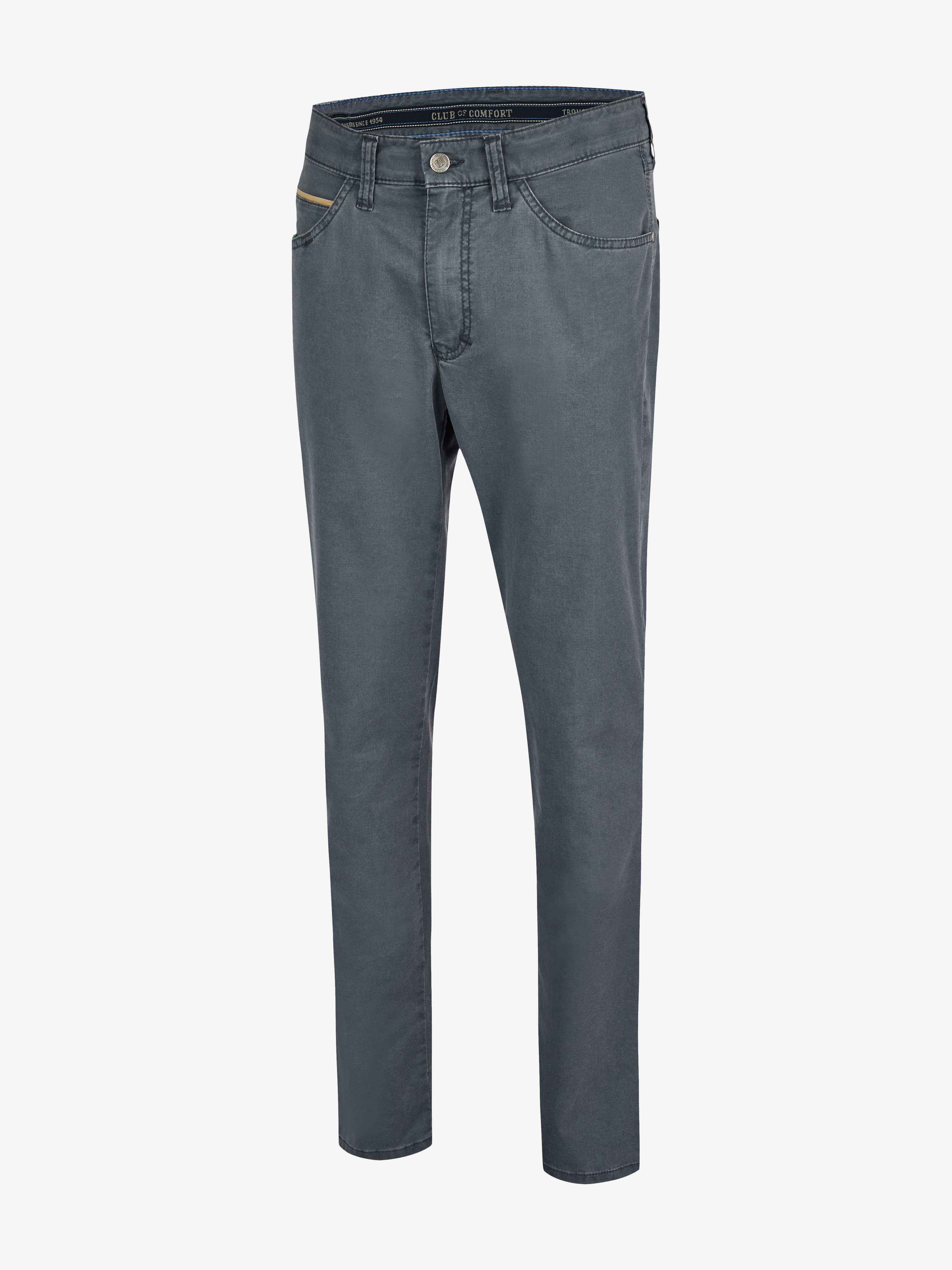 Mittelblaue Herrenhose "HENRY 7323" von Club of Comfort, 6-Pocket, Regular Fit, elastischer Komfortbund, inklusive separater "Mobile Pocket" in der rechten Vordertasche, gefertigt aus leichtem Baumwoll-High Stretch mit Coolmax EcoMade für Klimaregulierung, nachhaltig produziert, geeignet für Frühjahr/Sommer.